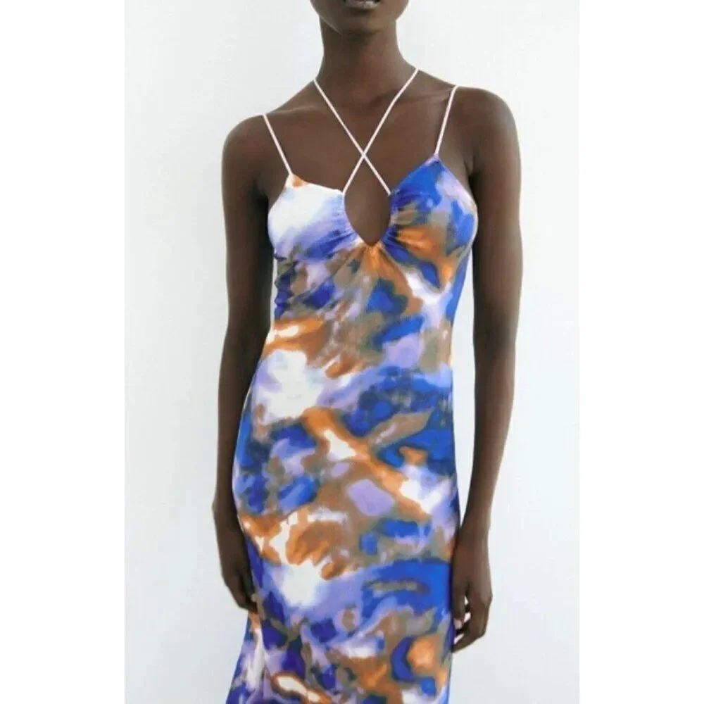 Zara Womens Dress XL Tie Dye Printed Midi Blue Gold Sleeveless 9874/001 NWT
